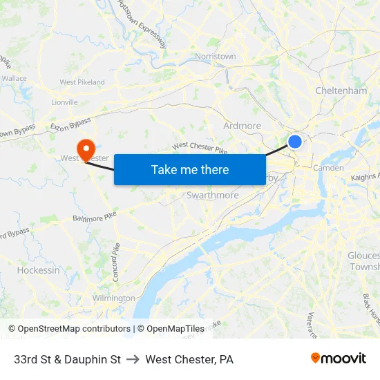 33rd St & Dauphin St to West Chester, PA map