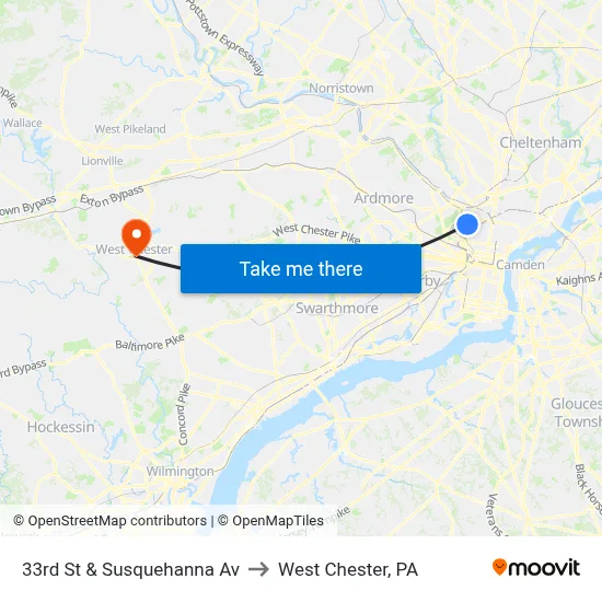 33rd St & Susquehanna Av to West Chester, PA map