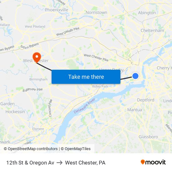 12th St & Oregon Av to West Chester, PA map