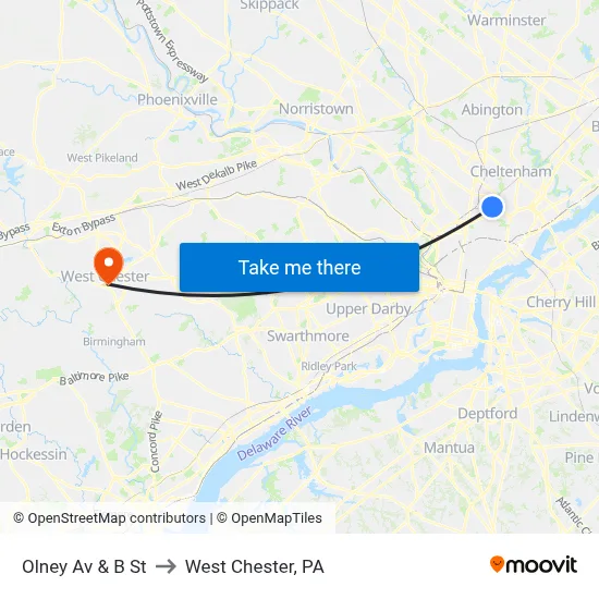 Olney Av & B St to West Chester, PA map
