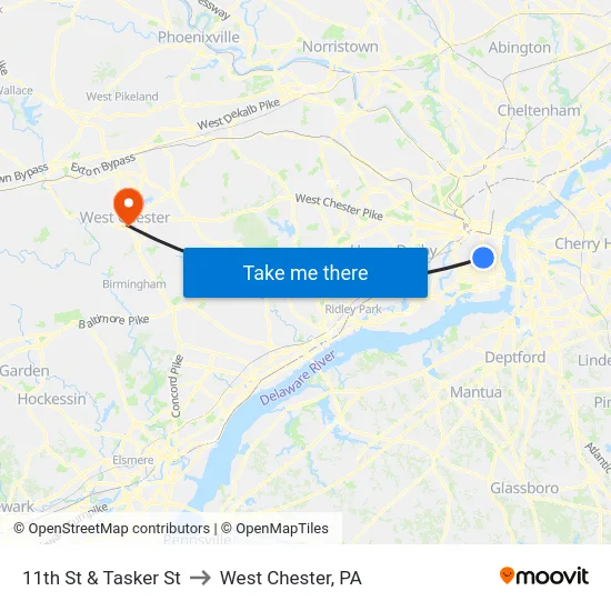 11th St & Tasker St to West Chester, PA map