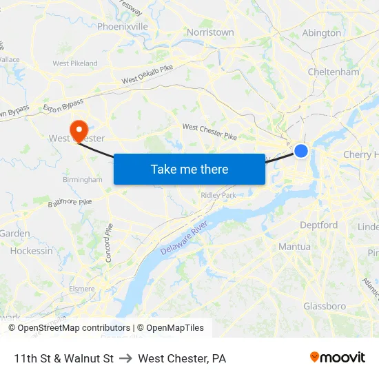 11th St & Walnut St to West Chester, PA map