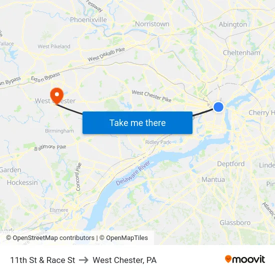 11th St & Race St to West Chester, PA map