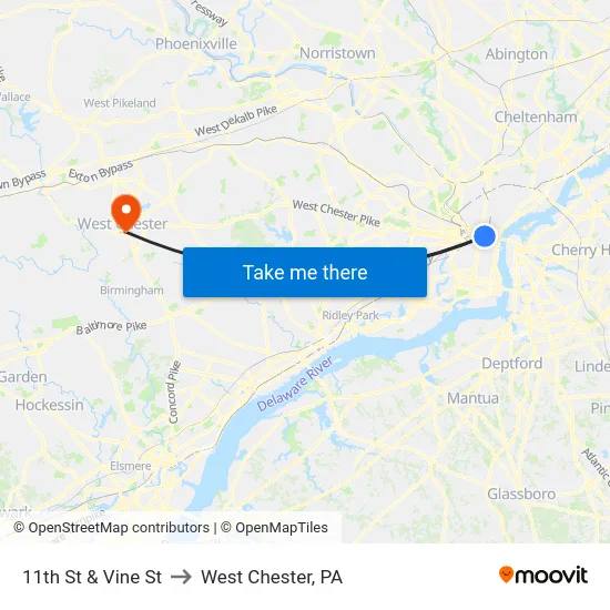 11th St & Vine St to West Chester, PA map
