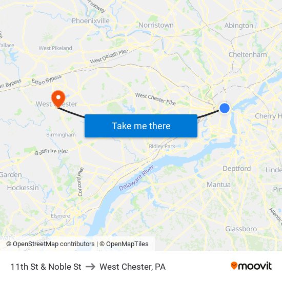 11th St & Noble St to West Chester, PA map