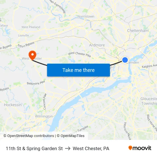 11th St & Spring Garden St to West Chester, PA map