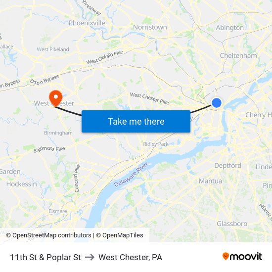 11th St & Poplar St to West Chester, PA map