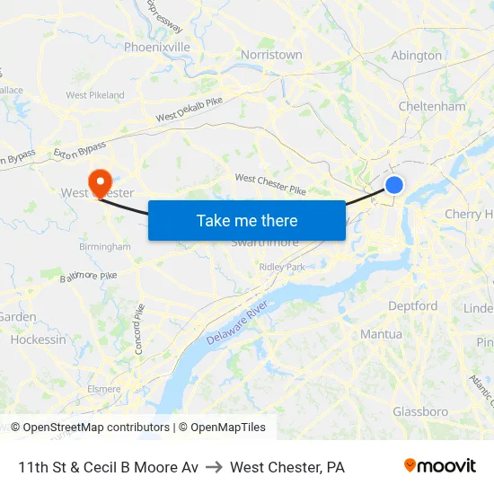 11th St & Cecil B Moore Av to West Chester, PA map