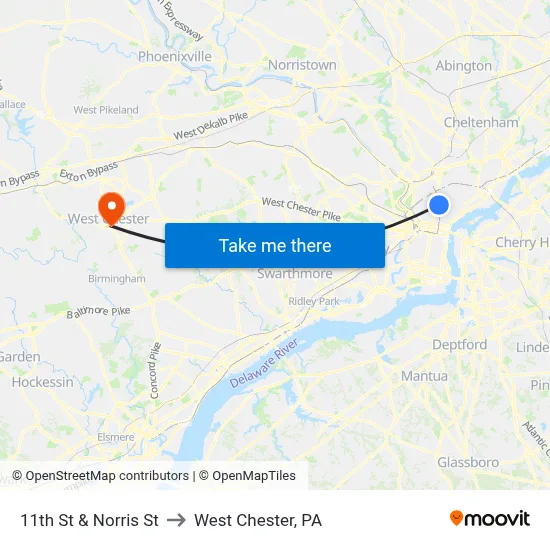 11th St & Norris St to West Chester, PA map
