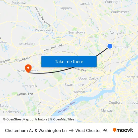 Cheltenham Av & Washington Ln to West Chester, PA map