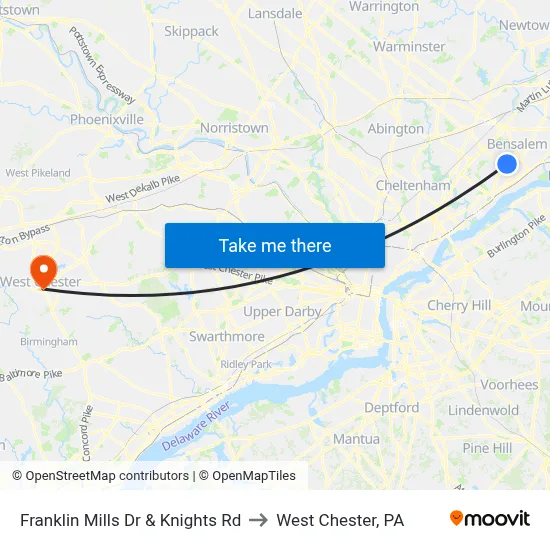 Franklin Mills Dr & Knights Rd to West Chester, PA map