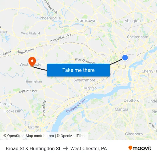 Broad St & Huntingdon St to West Chester, PA map