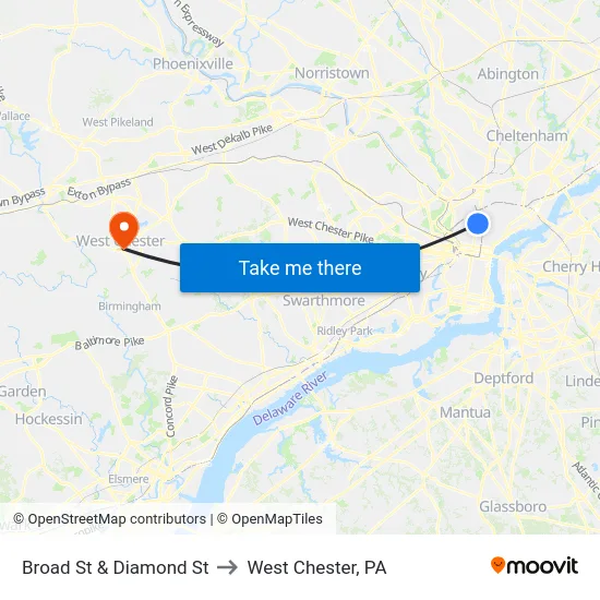 Broad St & Diamond St to West Chester, PA map