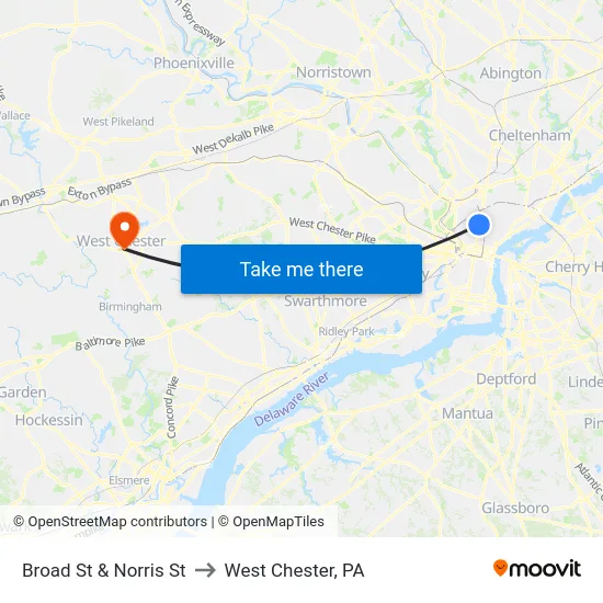 Broad St & Norris St to West Chester, PA map