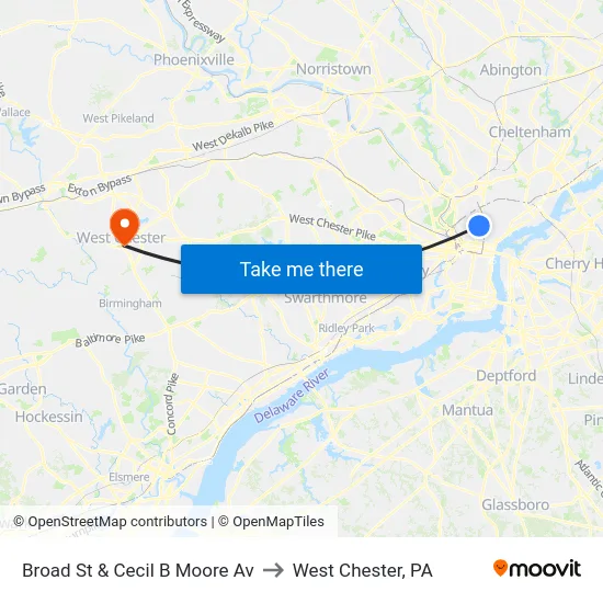 Broad St & Cecil B Moore Av to West Chester, PA map