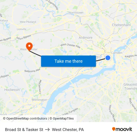 Broad St & Tasker St to West Chester, PA map