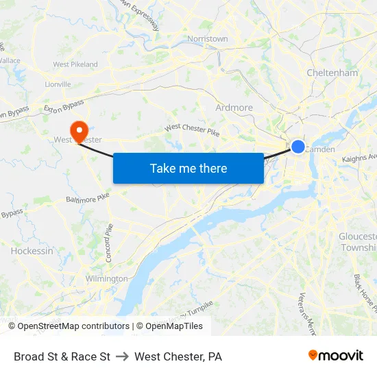 Broad St & Race St to West Chester, PA map