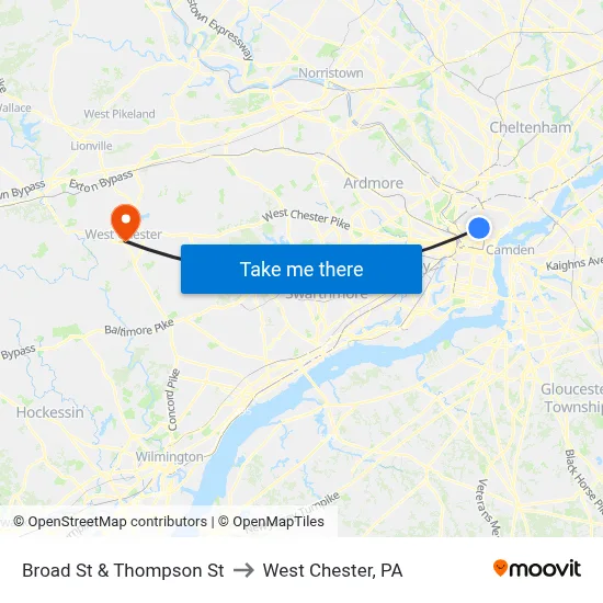 Broad St & Thompson St to West Chester, PA map