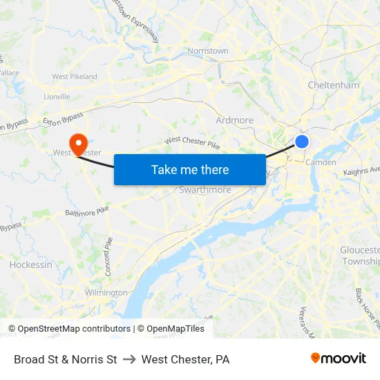 Broad St & Norris St to West Chester, PA map