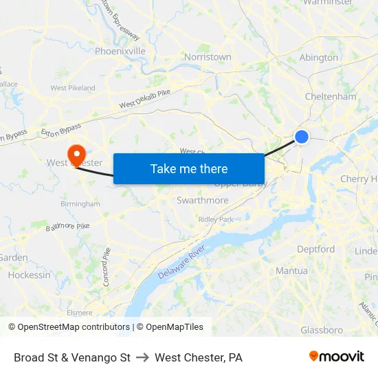 Broad St & Venango St to West Chester, PA map