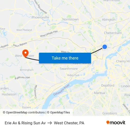 Erie Av & Rising Sun Av to West Chester, PA map
