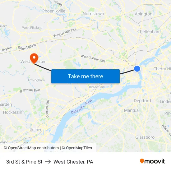 3rd St & Pine St to West Chester, PA map