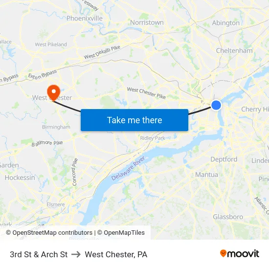 3rd St & Arch St to West Chester, PA map