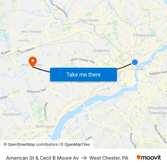 American St & Cecil B Moore Av to West Chester, PA map
