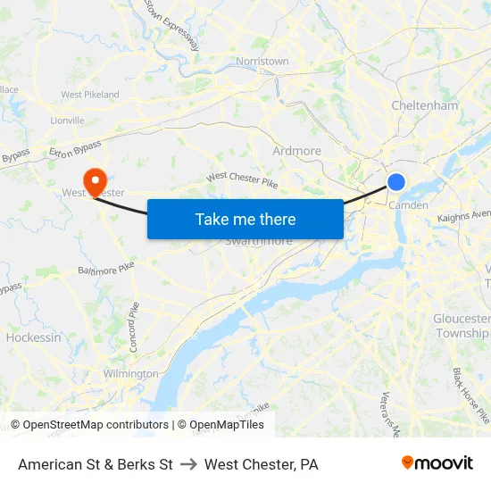 American St & Berks St to West Chester, PA map