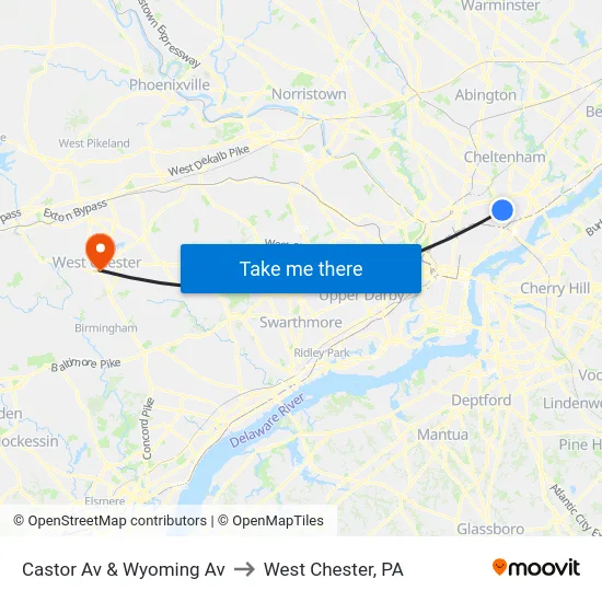 Castor Av & Wyoming Av to West Chester, PA map