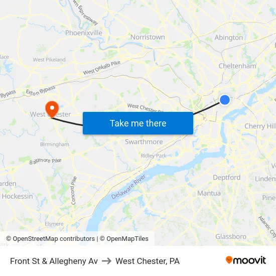 Front St & Allegheny Av to West Chester, PA map