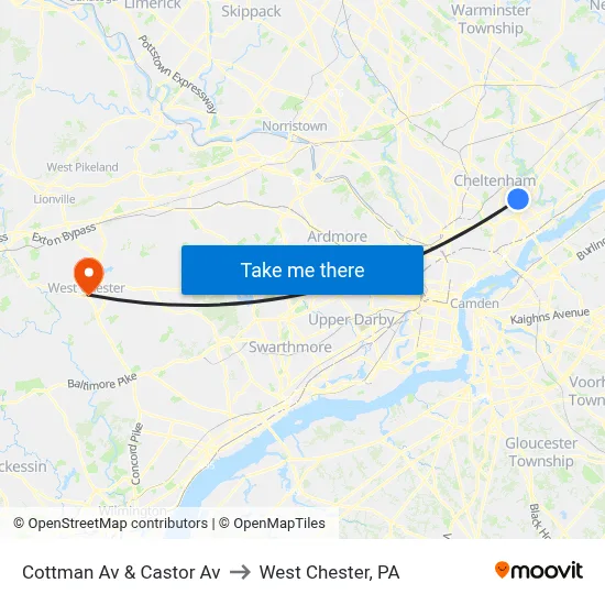Cottman Av & Castor Av to West Chester, PA map