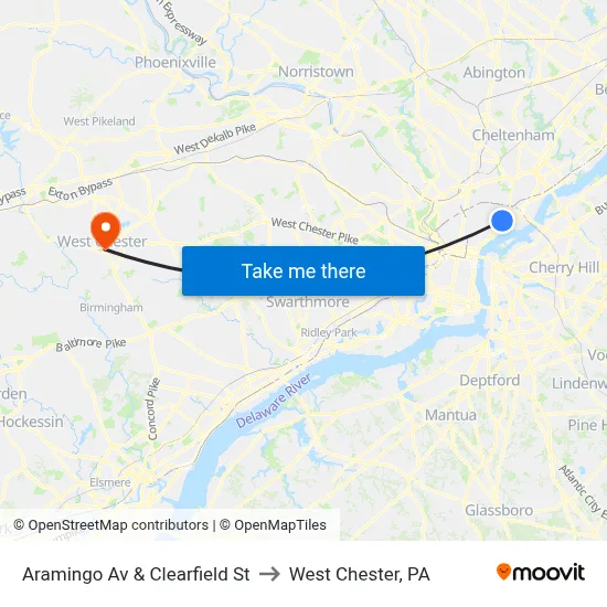 Aramingo Av & Clearfield St to West Chester, PA map