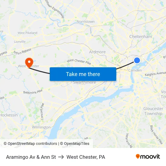 Aramingo Av & Ann St to West Chester, PA map