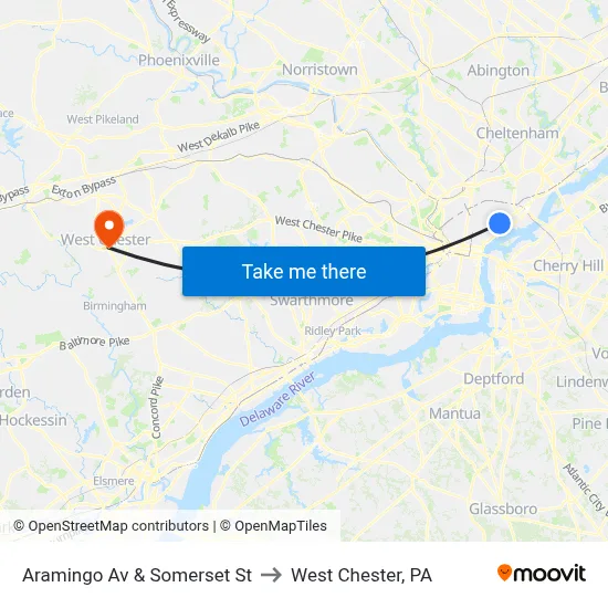 Aramingo Av & Somerset St to West Chester, PA map