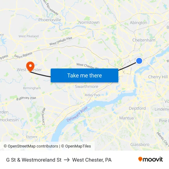 G St & Westmoreland St to West Chester, PA map