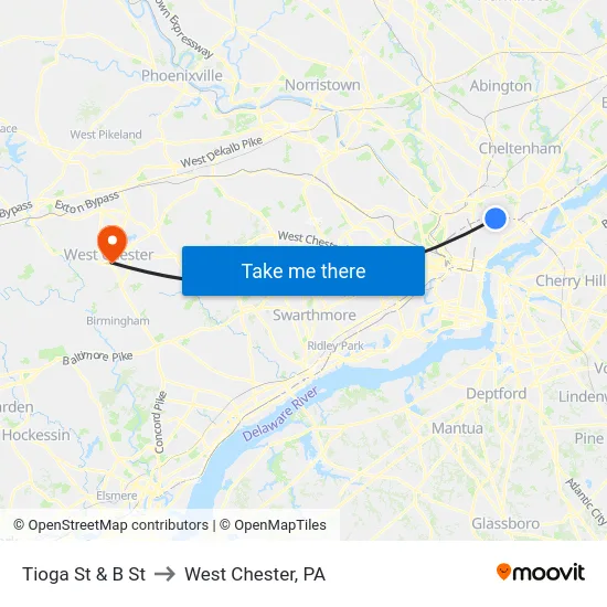 Tioga St & B St to West Chester, PA map