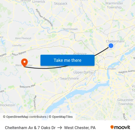 Cheltenham Av & 7 Oaks Dr to West Chester, PA map