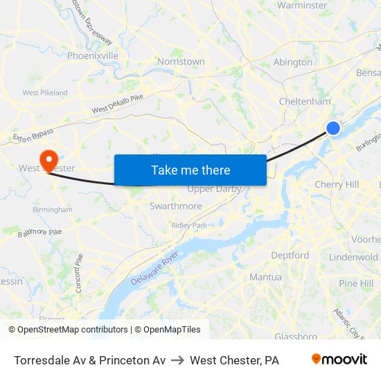 Torresdale Av & Princeton Av to West Chester, PA map