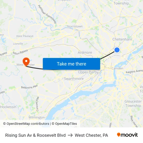 Rising Sun Av & Roosevelt Blvd to West Chester, PA map