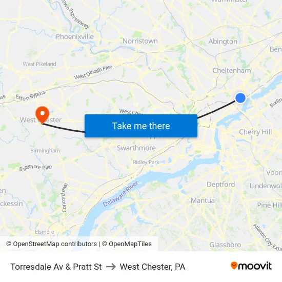 Torresdale Av & Pratt St to West Chester, PA map