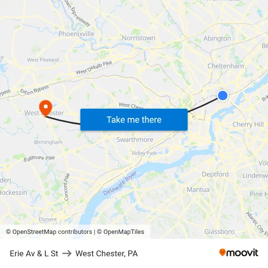 Erie Av & L St to West Chester, PA map