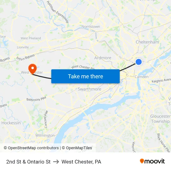 2nd St & Ontario St to West Chester, PA map