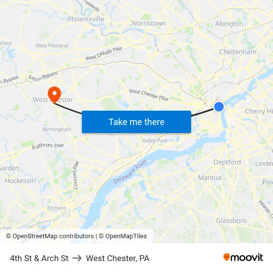 4th St & Arch St to West Chester, PA map