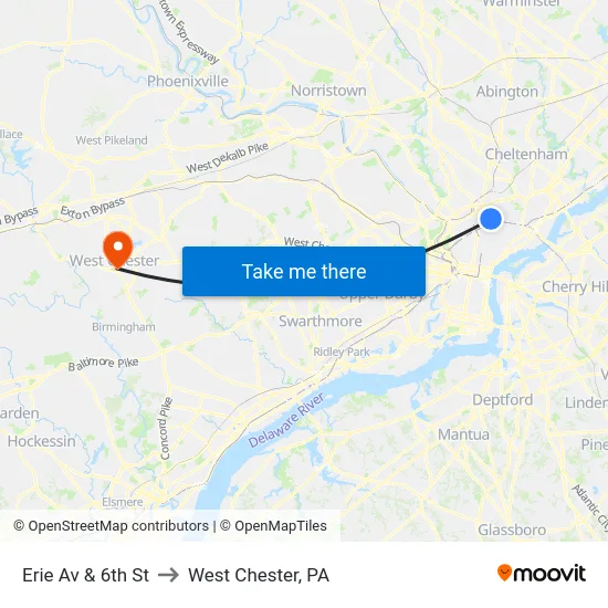 Erie Av & 6th St to West Chester, PA map