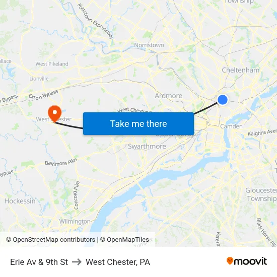 Erie Av & 9th St to West Chester, PA map