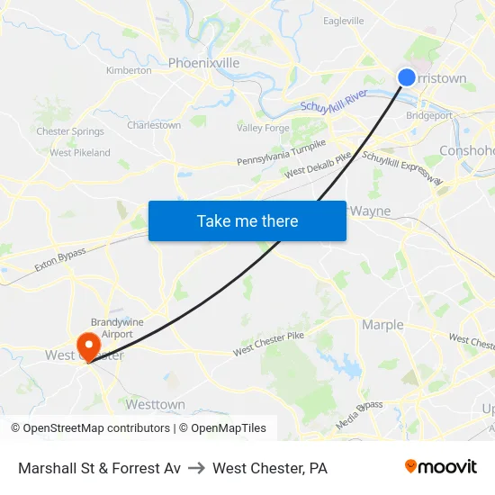 Marshall St & Forrest Av to West Chester, PA map