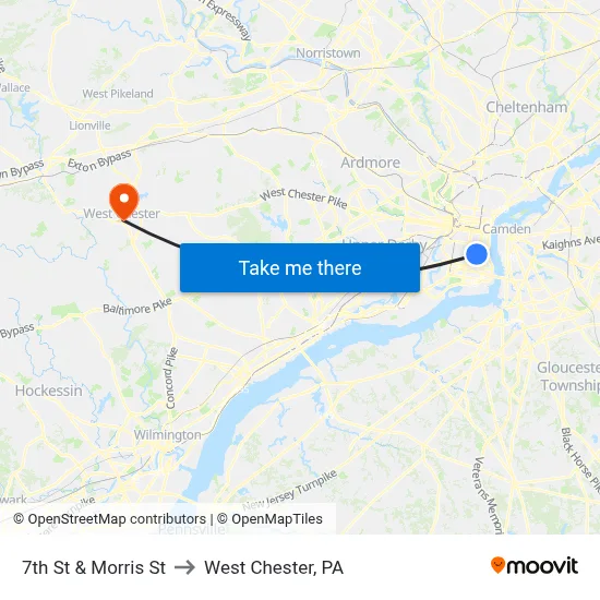 7th St & Morris St to West Chester, PA map