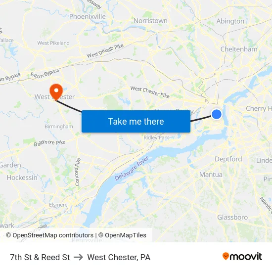 7th St & Reed St to West Chester, PA map