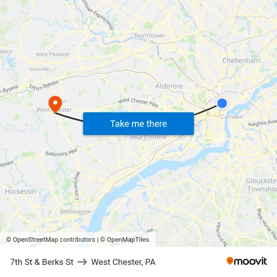 7th St & Berks St to West Chester, PA map